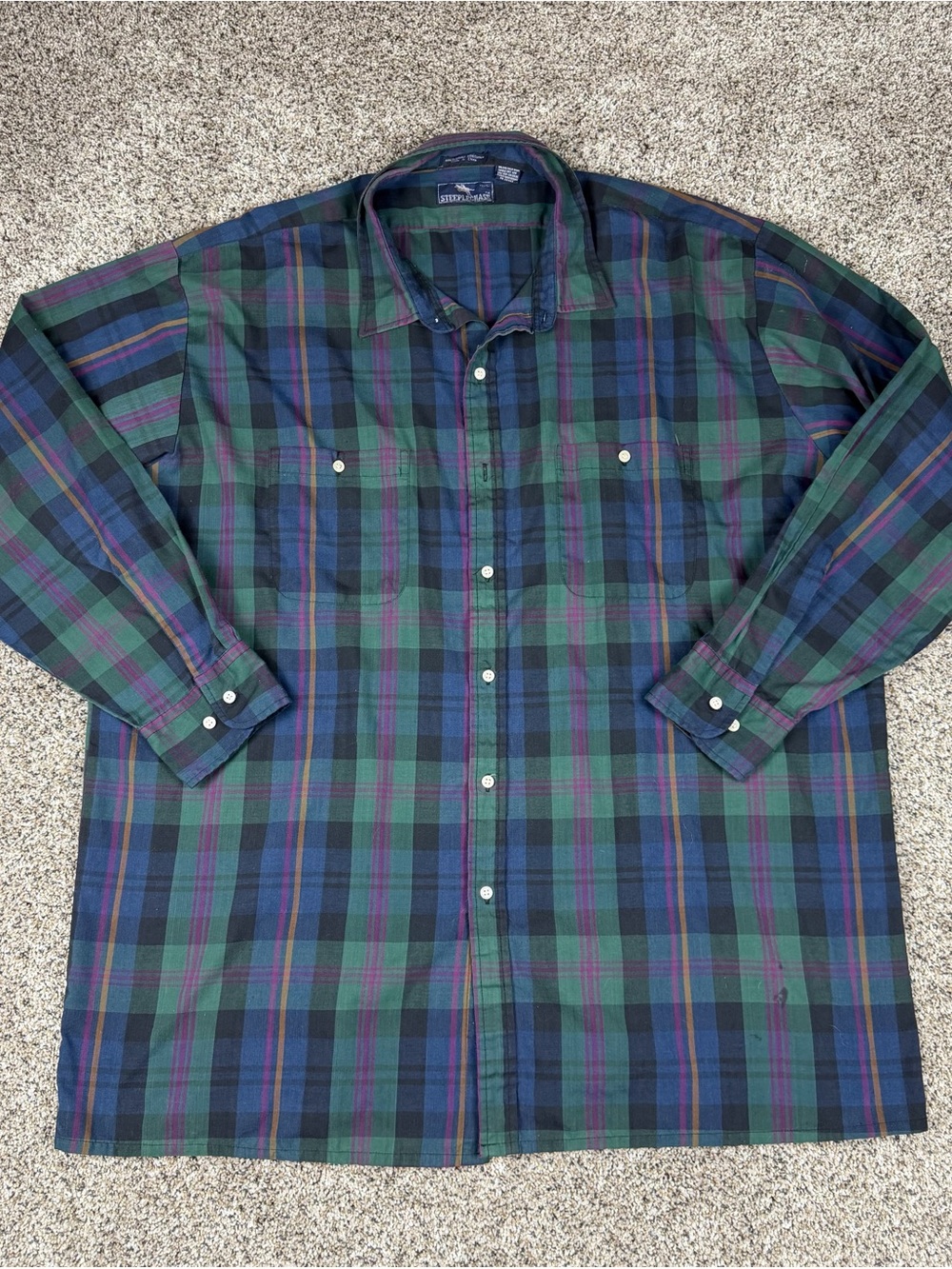 Sz 2XL Tall Men’s Steeplechase Button Up Plaid Long Sleeve Pocket Shirt Green